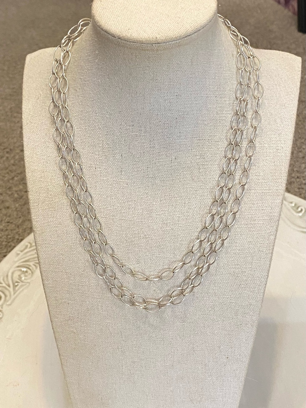 Sterling Silver Layered 3 Strand Necklace 925